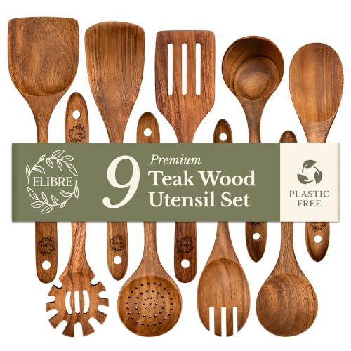 ELIBRE 9-Piece Teak Wooden Kitchen Utensils Set – Wooden Spoons for Cooking, Spatulas, Ladle & Serving Tools – Non-Stick Safe, Heat Resistant Premium Wooden Cooking Utensils