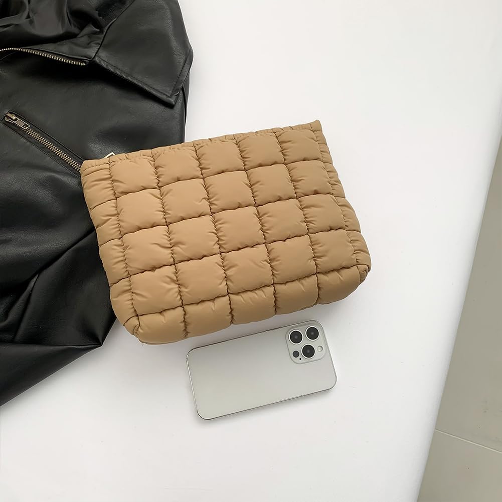 Puffy Makeup Bag with Handle Cute Quilted Cotton Cosmetic Bag Small Checkered Toiletry Zipper Pouch Purse, Green, Checkered Puffy Makeup Bag for Women (Brown)-SFDJ-image-28