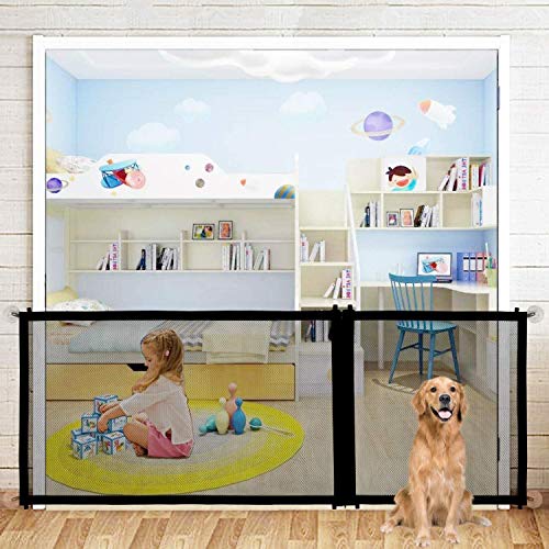 Baby Gate Magic Gate for Dogs, Indoor Outdoor Retractable Large Dog Gate, Extra Wide Folding Mesh Pet Gate with Zipper for Stairs, Doors Portable Adjustable Baby Safety Gate Up to 82.6