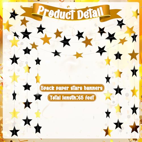 Image of Spakon 65 Feet Glitter Star Paper Garland Banner Hanging Decoration Star Streamers Double Side 2026 Graduation Decorations for Wedding Birthday Festival New Year Party Decoration(Gold Black)
