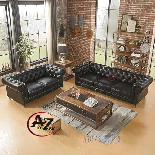 Image of A to Z Furniture Classic 3+2=5 Seater Sofa Set with Wooden leg's & with Luxury Chesterfield Leatherette Sofa in for Home Living Room & Office (3+2 Black)