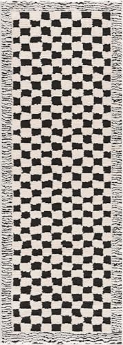 BoutiqueRugs Leryn Checkered Shag Runner Rug - High and Low Pile Fluffy Shag Carpet for Kids Room, Hallway - Black and White - 2'8