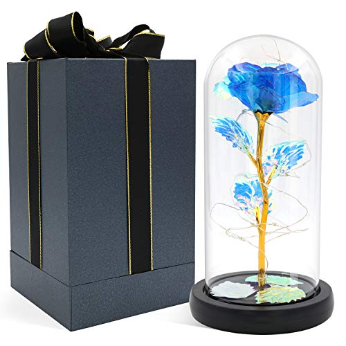 Blingstar Glass Rose, Blue Rose in Glass Dome with Fairy Lights, Artificial Eternal Flower Light Up for Night Bedroom Decor,Gift for Mom Wife Girlfriend Her Christmas Birthday Thanksgiving Anniversary