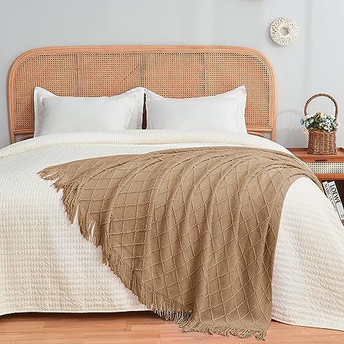 inhand Knitted Throw Blankets for Couch and Bed, Soft Cozy Knit Blanket with Tassel, Khaki Lightweight Decorative Blankets and Throws, Farmhouse Warm Woven Blanket for Men and Women, 50"x60"