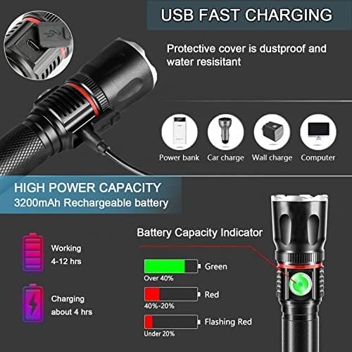 PUNLIM Rechargeable Torch, Portable Ultra Brightest LED Torch Flashlight, Magnetic Work Light with 360°COB Light, Zoomable, Waterproof, 4 Modes Lights for Camping Hiking Emergency(1 Pack)