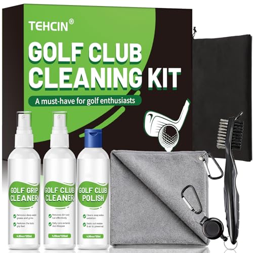 TEHCIN Pro Golf Club Cleaning Kit Cleaner Polish Grip Cleaner Brush Towel & Bag | Restores Irons & Drivers Removes Rust & Scratches Renews Grip | Golf Gifts for Men