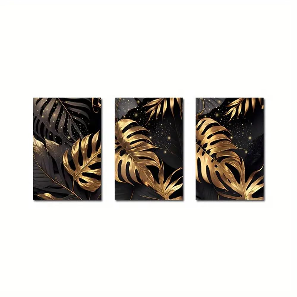 WBYZAC Botanical Posters-Canvas Painting Abstract Golden Wall Pictures Leaf Poster for Living Room Kitchen Wall Art Home Bedroom Room Decoration Artwork-60 * 70cm*3PCS (No Frame)