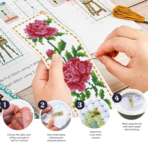 Image of ACRNIGHEET 6PCS Cross Stitch Bookmark Kit for Beginner Flower Pattern Stamped Cross Stitch Kits for Adults Crossstitch Kits Adult Bookmarks with Instructions Hand Embroidery Craft Gift 8''x2.4'' 11CT