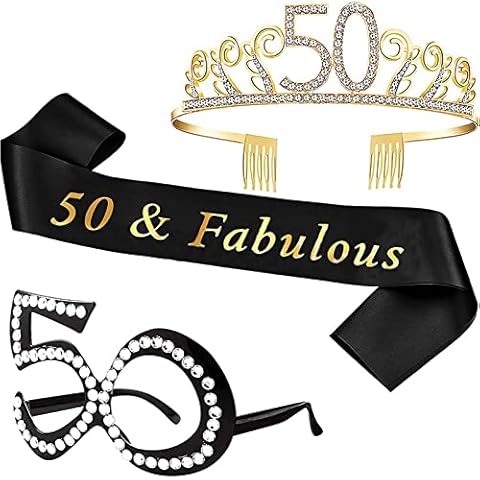50th Birthday, 50th Birthday Gifts for Women,50th Birthday Crown,Women 50 & Fabulous" Sash and Glasses for Women 50 years old Birthday Party 3 PCS Cover