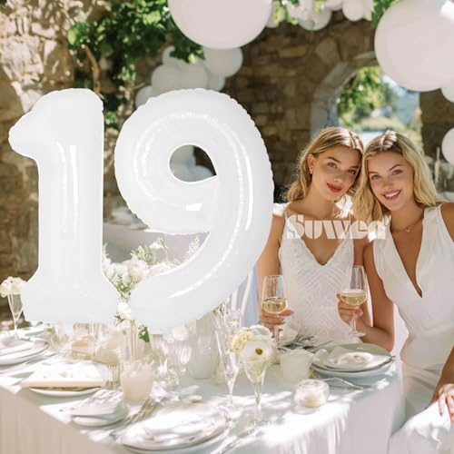Image of SUWEN 40 Inch White Large 19 Number Balloons Big Foil Helium Number Balloons 0-9 Giant Jumbo Happy 19th Birthday Party Decorations for Men or Women Huge Mylar 91 Anniversary Party Supplies