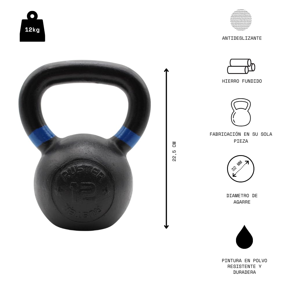 RUSTER Kettlebell Cast Iron 4-32kg Pesa Rusa Hierro Fundido con Revestimiento en Polvo - Pesa para Entrenamiento de Fuerza, Resistencia y Equilibrio - Codificación por anillo colores