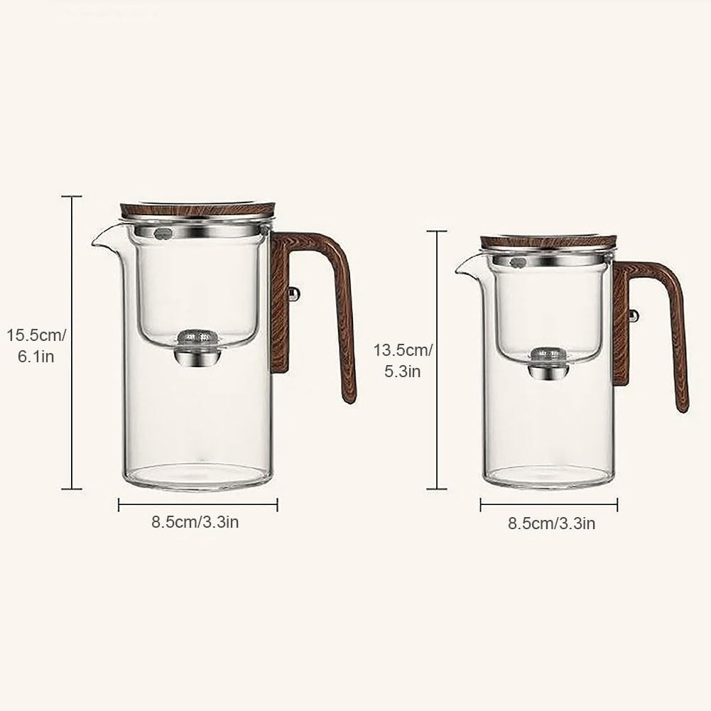 Wassertrennende Glasteekanne, Wassertrennende Glasteekanne mit Holzgriff, Druckkontrolle, magische Teekanne aus Glas, magnetische Filterteekanne mit zwei Sieben (720ml)