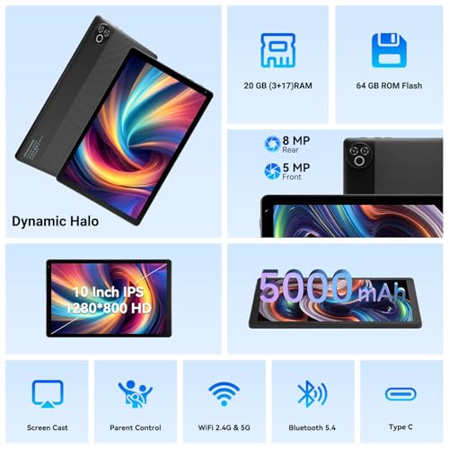 Android 15 Tablet 10 Zoll – 20GB RAM 64GB ROM bis 1TB TF, 800×1280 IPS, Dual Kamera 2MP+5MP, WiFi6+BT5.4, 5000mAh Akku, Typ-C, OMS, Schwarz – Bild 3