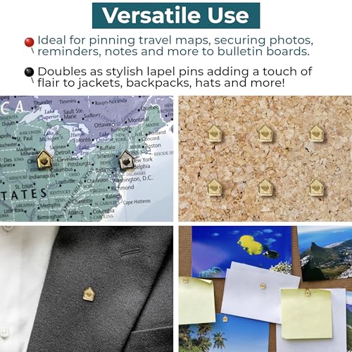Image of Mini House Push Pins - Gold House Pins - for Cork Board, Maps, or Lapel Pin Use - Designed in USA - Set of 4