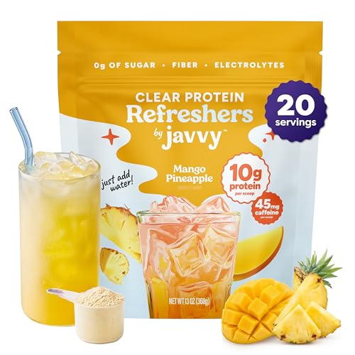 Javvy Clear Protein Refresher Drink Mix 10g of Whey Protein and Collagen Peptides Electrolytes Powder Natural Flavors 0g of Sugar 45mg Caffeine 20 Servings Pineapple Mango