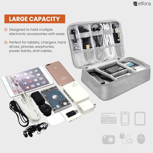 Image of Elfora Electronics Gadget Organizer Bag | Travel Tech Accessories Case for Cables, Phone, USB Charger, Earphone & Power Bank | Multi-Purpose Storage Pouch with Mesh Pockets & Handle Carry Strap (Grey)