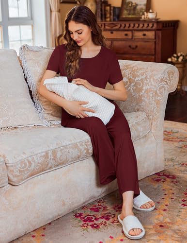 Image of Ekouaer 3 PCS Maternity Nursing Pajamas Set Postpartum Breastfeeding Short Sleeve Shirts, Pregnancy Shorts & Pants Pjs S-XXL