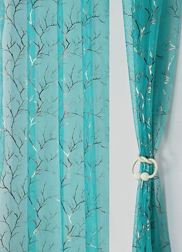 Image of littlelotus Tree Print Tissue Net Sheer Transparent Grommet Curtains for Door 7 feet Long Set of 2, Turquoise