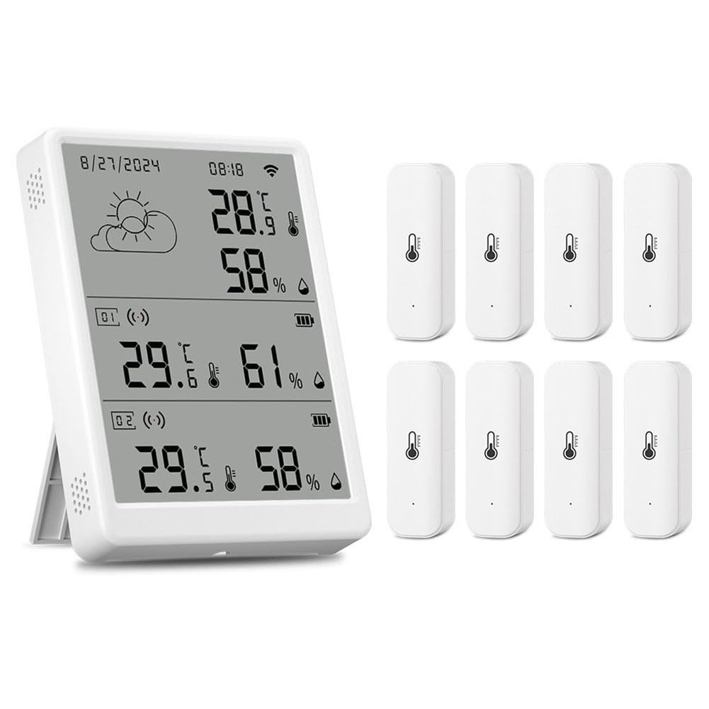 Detector inalámbrico de temperatura y humedad Tuya, unidad base de pantalla LCD, señal de 100 m para rango, control de voz a través de la integración de Alexa