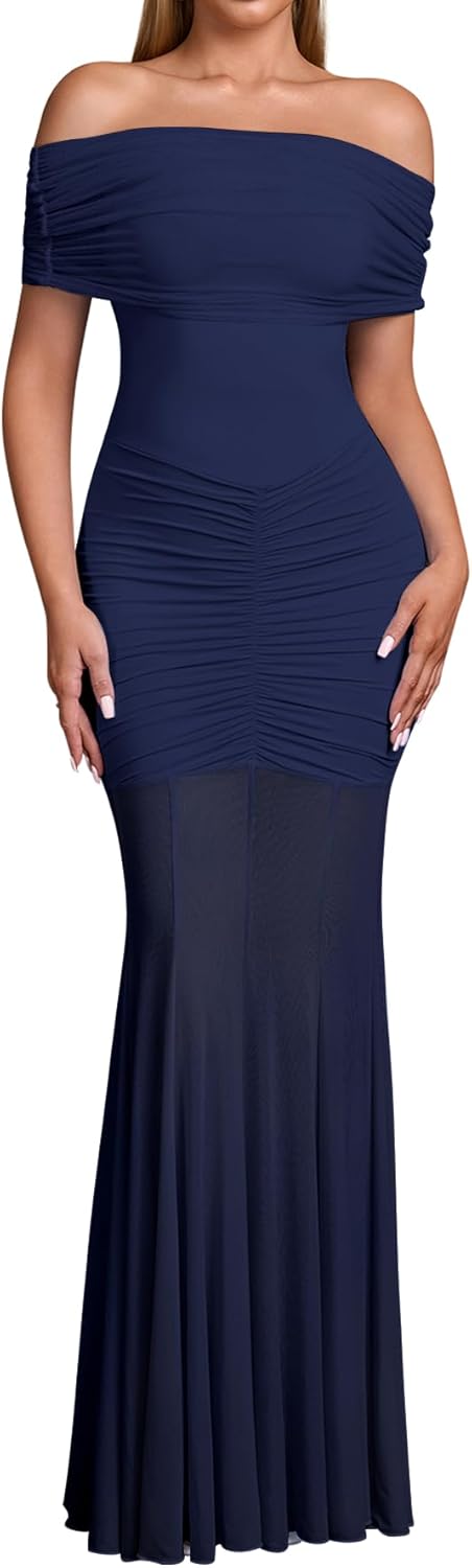 HTZMO Women Sexy Off Shoulder Bodycon Maxi Dress Strapless Ruched Wedding Guest Formal Party Long Dresses