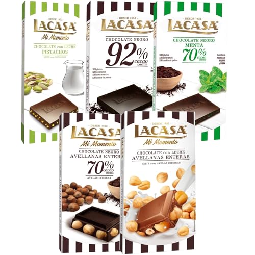 Pack Lacasa 5 deliciosas tabletas de chocolate:leche avellana 200gs ,leche pistacho 90g, menta ,cacao 92% , avellana 200g
