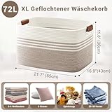 Wäschekorb Geflochten Groß aus Baumwollseil, 72L Aufbewahrungskorb mit Lederhenkeln, Korb für Decken, Kleidung, Spielzeug, Laundry Basket für Kinderzimmer Wohnzimmer, 55 x 43 x 30 cm, Weiß und Braun
