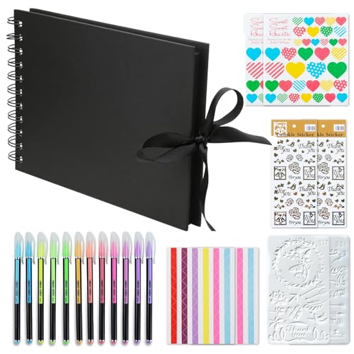 VINEST Album Fotos para Pegar y Escribir, 30 Páginas Album de Fotos Personalizados, Album Scrapbook para Diy, Libro de Firmas con 12 Lápices Acuarelables 3 Tipos de Pegatinas y Plantillas de Dibujo