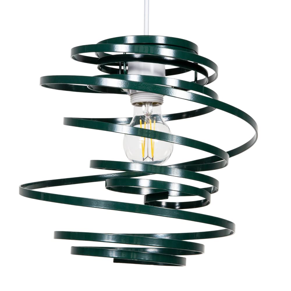 Forest Green Gloss Metal Double Ribbon Spiral Swirl Pendant Shade - 35cm Height