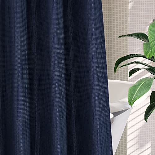 Mitovilla No Hooks Required Navy Blue Waffle Shower Curtain Set With Snap-In Liner, Modern Heavyweight Fabric Shower Curtain For Hotel Grade Spa-Like Bathroom Decor, 72 X 74 #TOP4