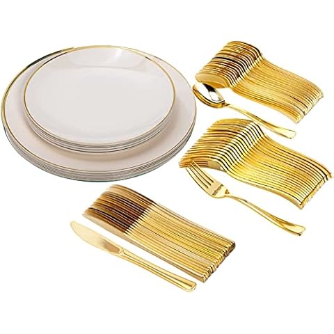 Trendables Disposable Plastic Plate Set with Cutlery Ivory 200 Ct Serves 40 Plastic Silverware Set Includes 40 Plastic Plate Plastic Dessert Plates Plastic Forks Plastic Spoons Plastic Knives Cover