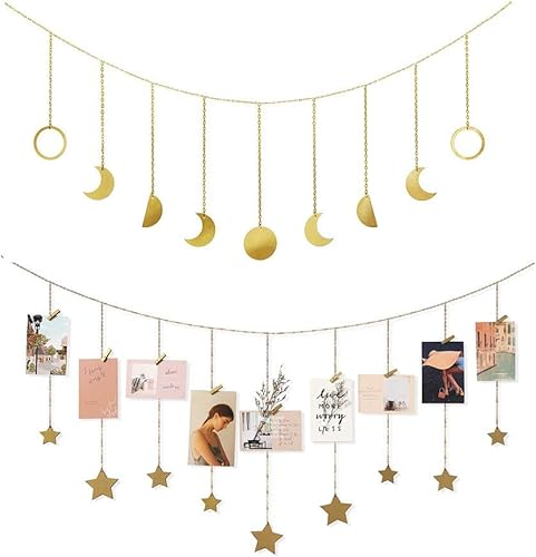 Mkono Guirnalda de fotos colgantes de estrellas y fase lunar para colgar en la pared, adornos artísticos para dormitorio, cabecero, sala de estar,
