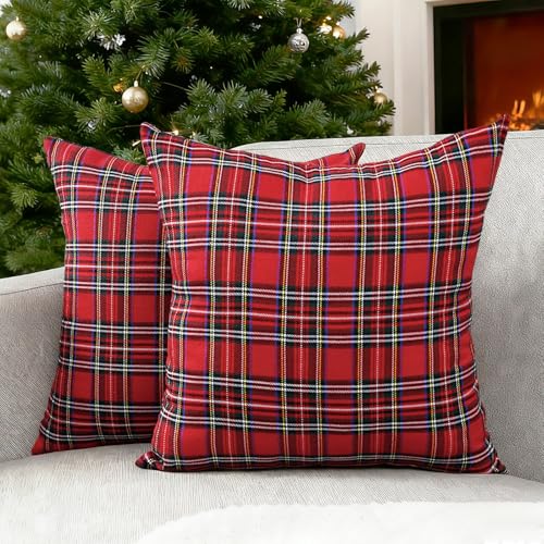 CARRIE HOME Christmas Scottish Tartan Plaid Pillow Covers 18x18 Red