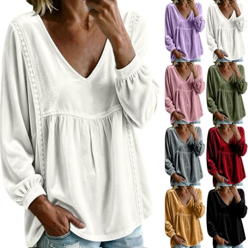Velvet Top Women Lace Trim Long Sleeve V-Neck Babydoll Velour Shirts - image 1