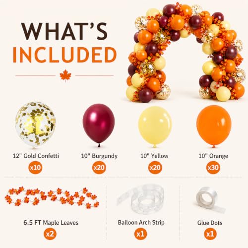 Image of Fall Balloon Arch Kit, Fall Birthday Party Decorations, Orange Burgundy Yellow Gold Confetti Balloons Garland Kit with 6.5 Ft Maple Leaves for Home Thanksgiving Autumn Baby Shower Party Decor Supplies