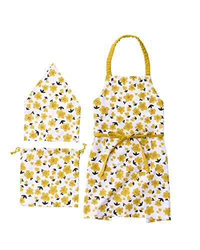 レップ(Rep) habituel(アビチュアル) ブロンマ キッズエプロン3Pセット イエロー 花柄 バンダナ・巾着付き 綿100%使用 洗濯機対応 子供用 レディース 女の子 学校 調理実習 首掛け 前結び おしゃれ かわいい 料理用 工作用 5342