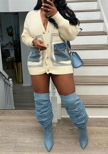 YOOTIKO Women Chunky Cardigan Sweaters Long Sleeve V Neck Denim Pocket Button Down Fall Winter Coat2