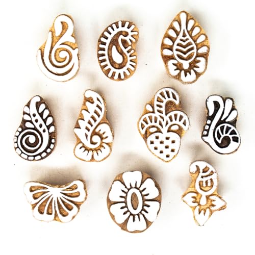 Image of Hashcart Wooden Stamp Block, Printing Stamp Design Set | Block For Printing Saree Border | Dresses, Craft Card Making, Scrapbook, Clay Pottery | Set of 10