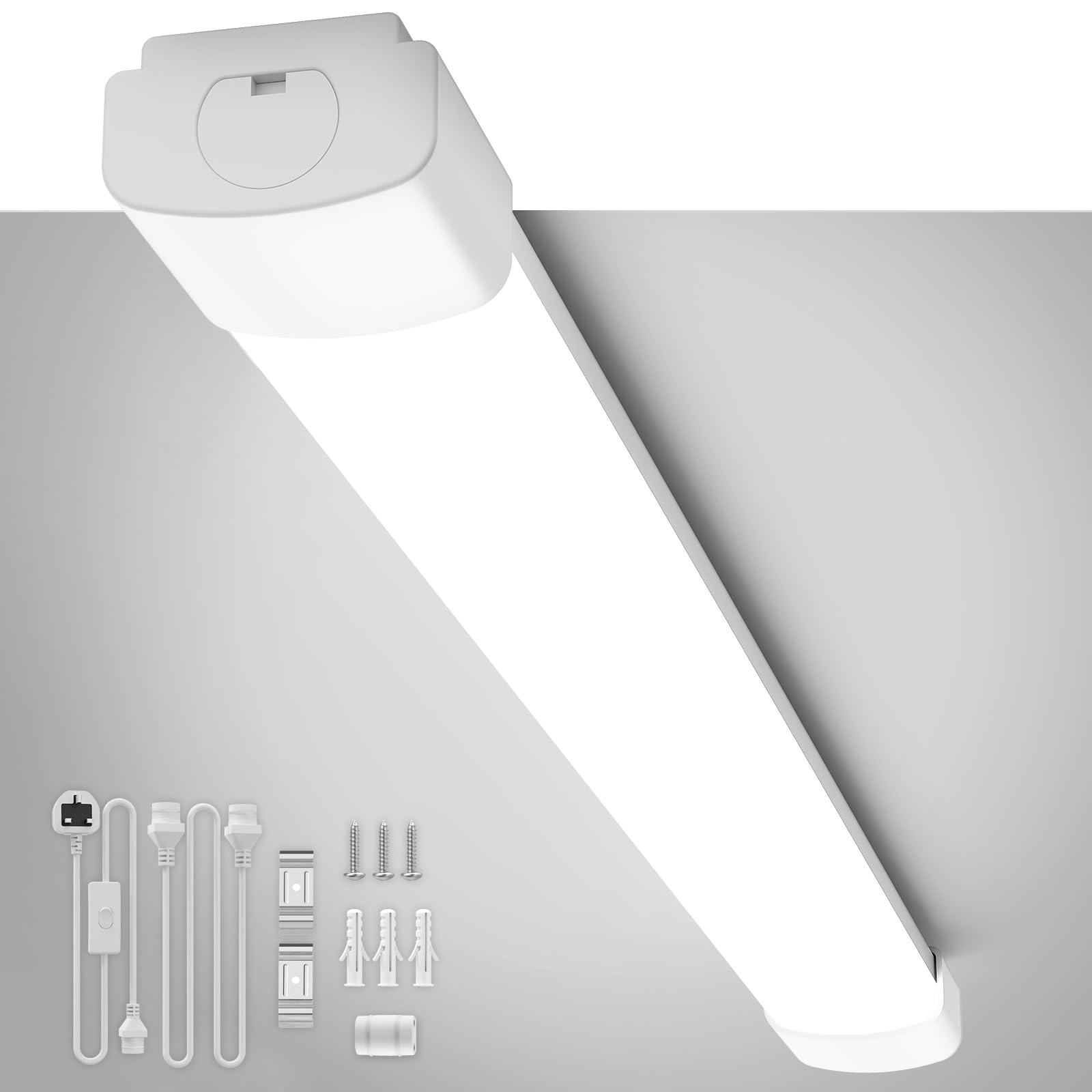 Plug in LED Batten Lights 2 Pack, 2ft 6500K Daylight 18W, IP65 Waterproof, Linkable Plug in Strip Lights for Garage Office Kitchen Under Cabinet Shed Loft, Wall or Ceiling Lighting with ON/Off Switch