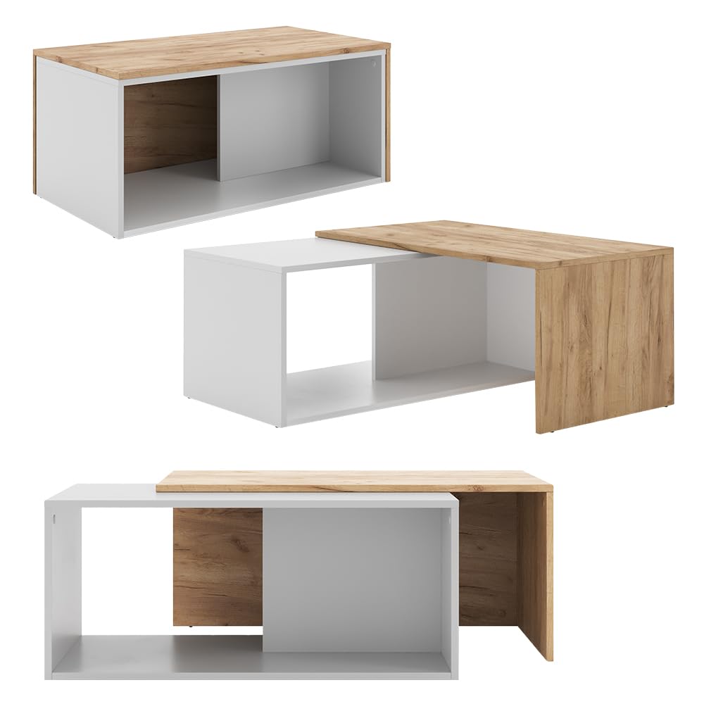 Vicco Couchtisch Paul, Weiß/Goldkraft Eiche, 90 x 48 cm | mit drehbarer Tischplatte und zusätzlicher Ablagefläche