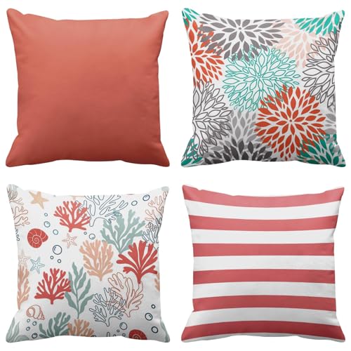 Emvency Throw Pillow Covers Set of 4, 18 x 18 Inch, Solid Coral