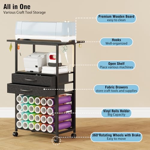 Image of VENNQD Organizer and Storage Stand Compatible with Cricut Machines, Rolling Storage Cart /Shelf with 24 Vinyl Roll Holders, 2 Fabric Drawer, Accessories Holder, Tool Hook for Craft Room Home (Black)