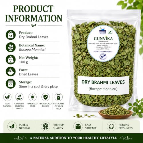 Image of Dry Brahmi Leaves | Brahmi Herb (Bacopa Monnieri) | Natural Ayurvedic Brahami Dry Leaves for Herbal Tea & Kadha | Pure Dried Brhami Patti - 100 gm