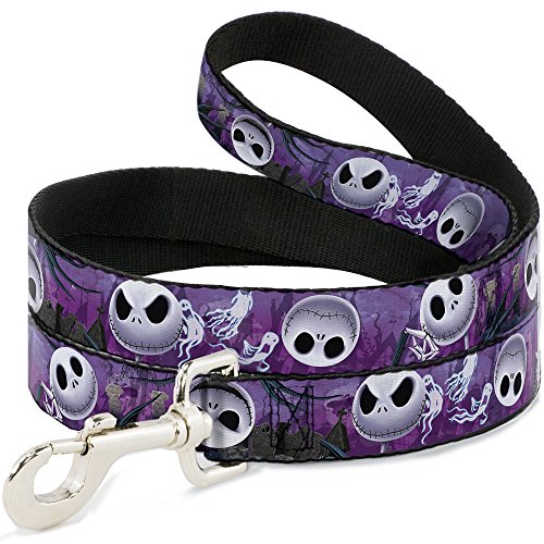 Buckle-Down Pet Leash - Jack Expressions/Ghosts in Cemetery Purples/Grays/White - 6 Feet Long - 1' Wide