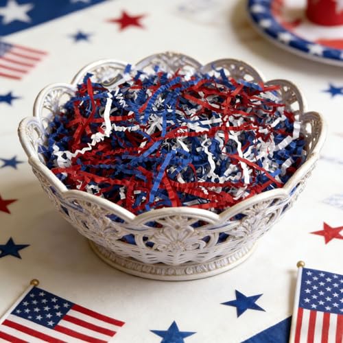 Image of ZEBMOON 2 LB Red White Blue Crinkle Cut Paper Shred Filler Great for Gift Wrapping, Basket Filling, Birthday, Wedding, Independence Day, 4 of July Party Decorations Filling Supplies