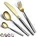 Ensemble de couverts 24 pièces avec revêtement de tête en or brillant avec poignée noire de Mars, ensemble d'ustensiles de placage en titane en acier inoxydable Service pour 6