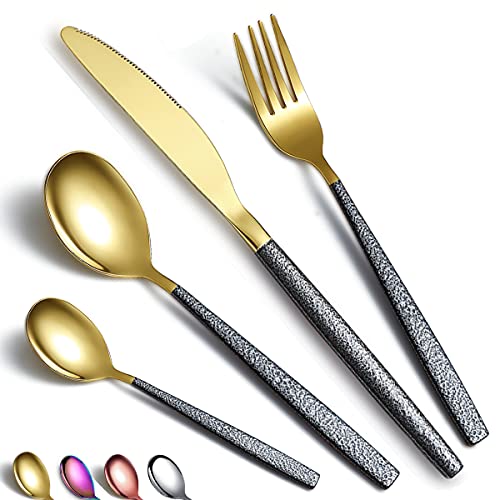 Juego de cubiertos, 24 piezas, revestimiento de cabeza dorado brillante con mango negro Mars, acero inoxidable, chapado en titanio, juego de cubiertos, juego de utensilios, servicio para 6
