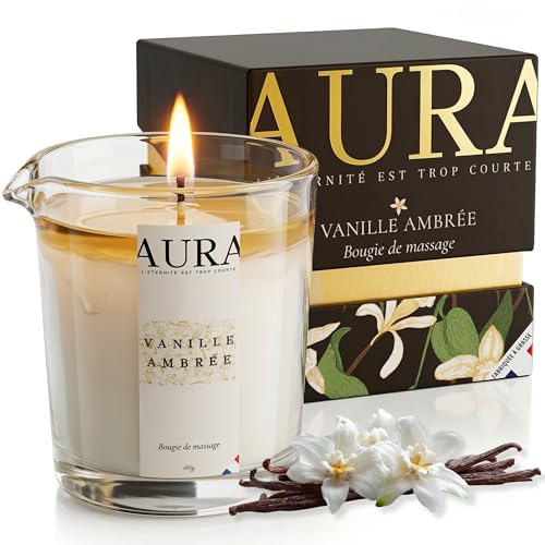 Bougie de Massage AURA Premium Vanille Ambrée | Fabriquée à Grasse | Cire d’Abeille & Soja,...
