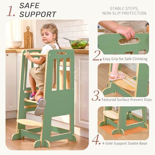 Image of WINGYZ Toddler Tower - Anti-Tip Natural Wood Learning Stool Helper for Kids 18M-6Y, 150lb Capacity Kitchen Stool with 3-Height Adjustable Platform and Sliding Door Access, 20lb Portable Design, Green