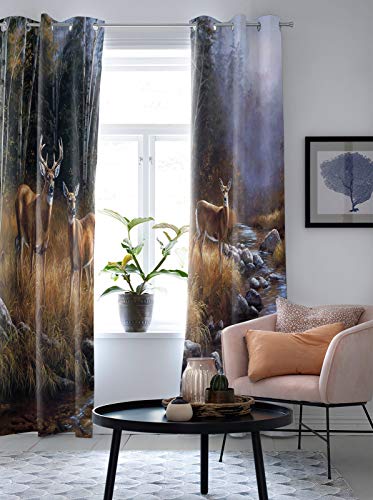 Curtains 2 Panel Set, Wildlife Deer Safair In Stream River At Forest In Autumn Kitchen Window Grommet Treatment Set For Living Room Bedroom,27.5 X 39 Inch #TOP4