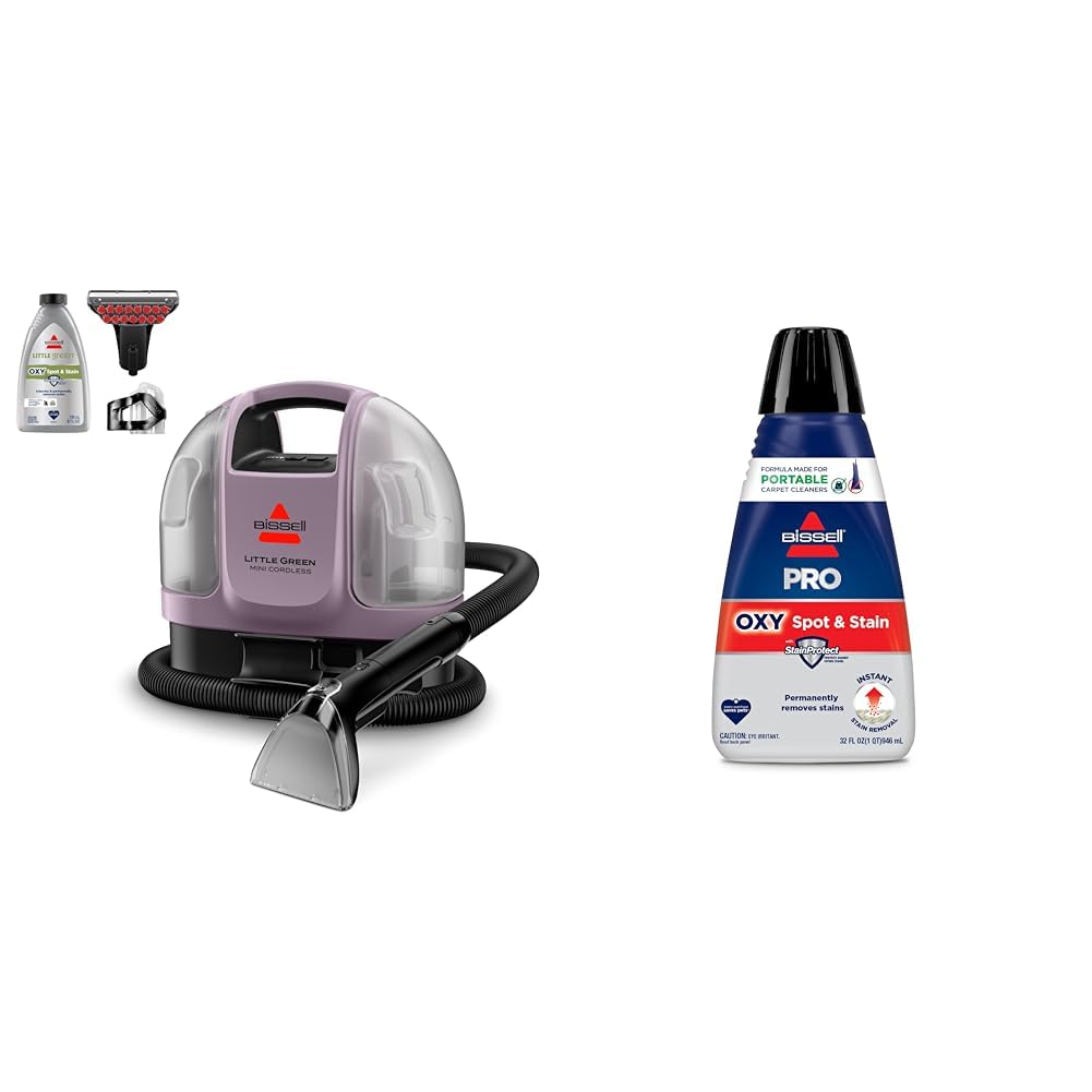 BISSELL Little Green Mini Cordless Portable Carpet and Upholstery Deep Cleaner, Limited Edition Color Dusk Pink, 4015F + Bissell Professional Spot and Stain + Oxy Portable Machine Formula, 32 oz